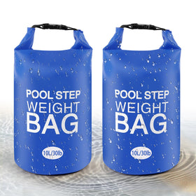 Whumsdog blue 10L pool step weight bag securing a detachable ladder against drifting.