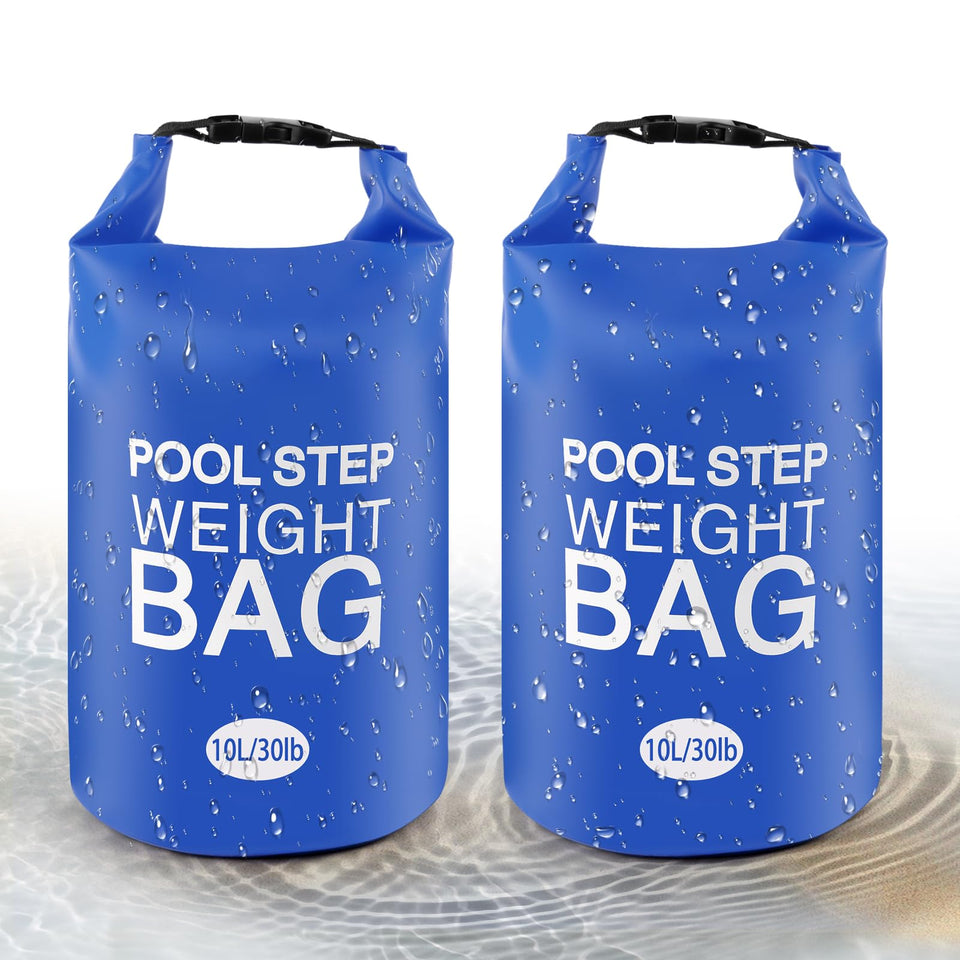 Whumsdog blue 10L pool step weight bag securing a detachable ladder against drifting.