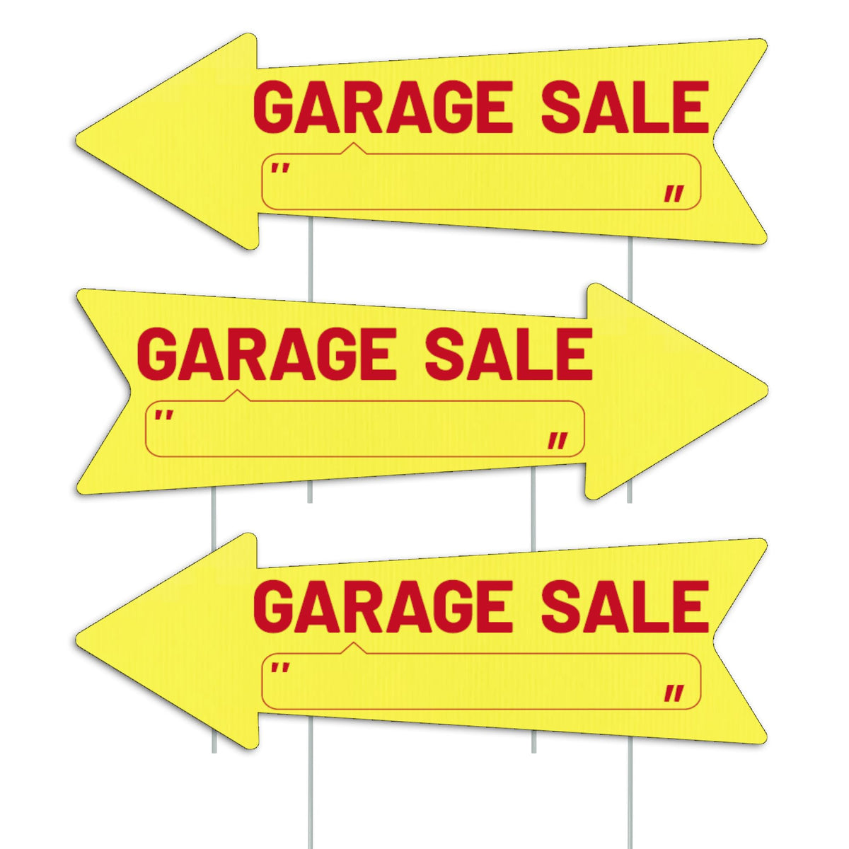 WHWHW yellow arrow garage sale sign 16x5 guiding shoppers from all directions.