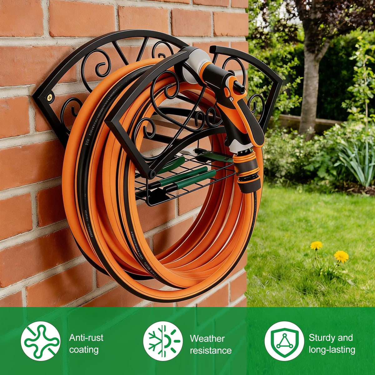 WiMas outdoor hose holder on brick wall offers easy access.