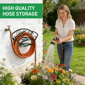 WiMas wall-mounted hose rack ideal for front yards and gardens.