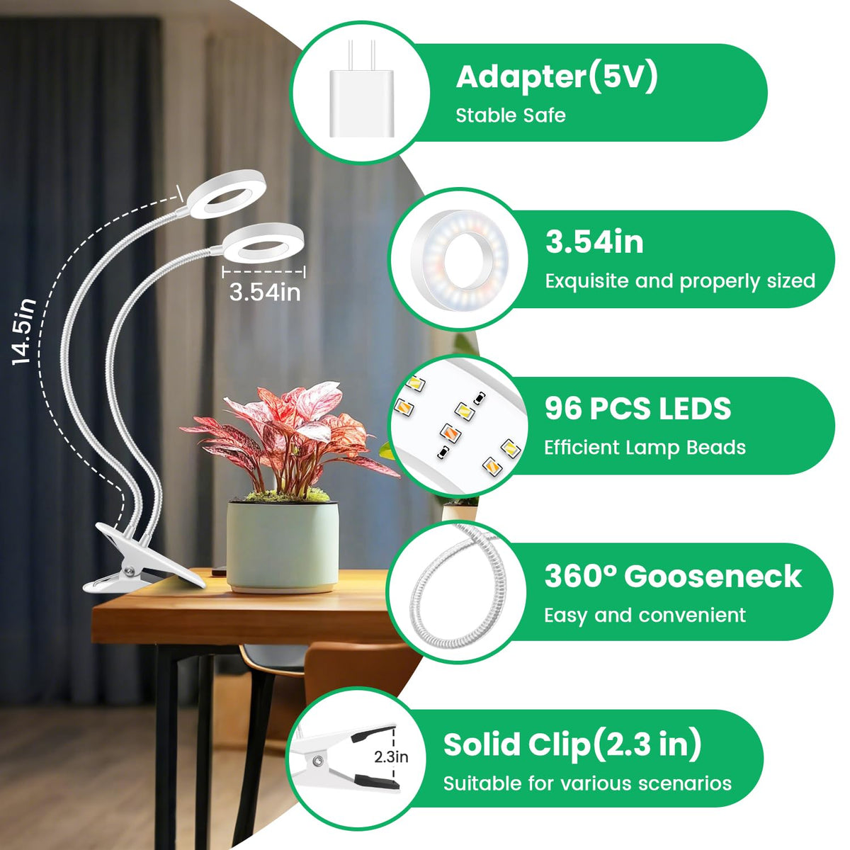 Wiaxulay Halo Clip Grow Light, gooseneck adjustment for precise plant lighting