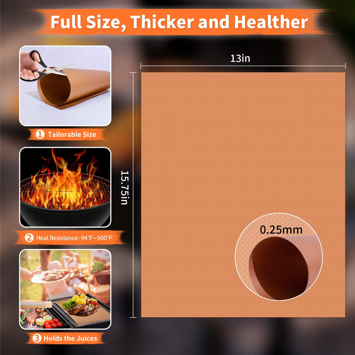 WIBIMEN copper grill mats resist heat up to 500°F for longer grilling