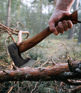 WICING camping-ready hatchet tucked in a backpack for on-the-go woodcutting