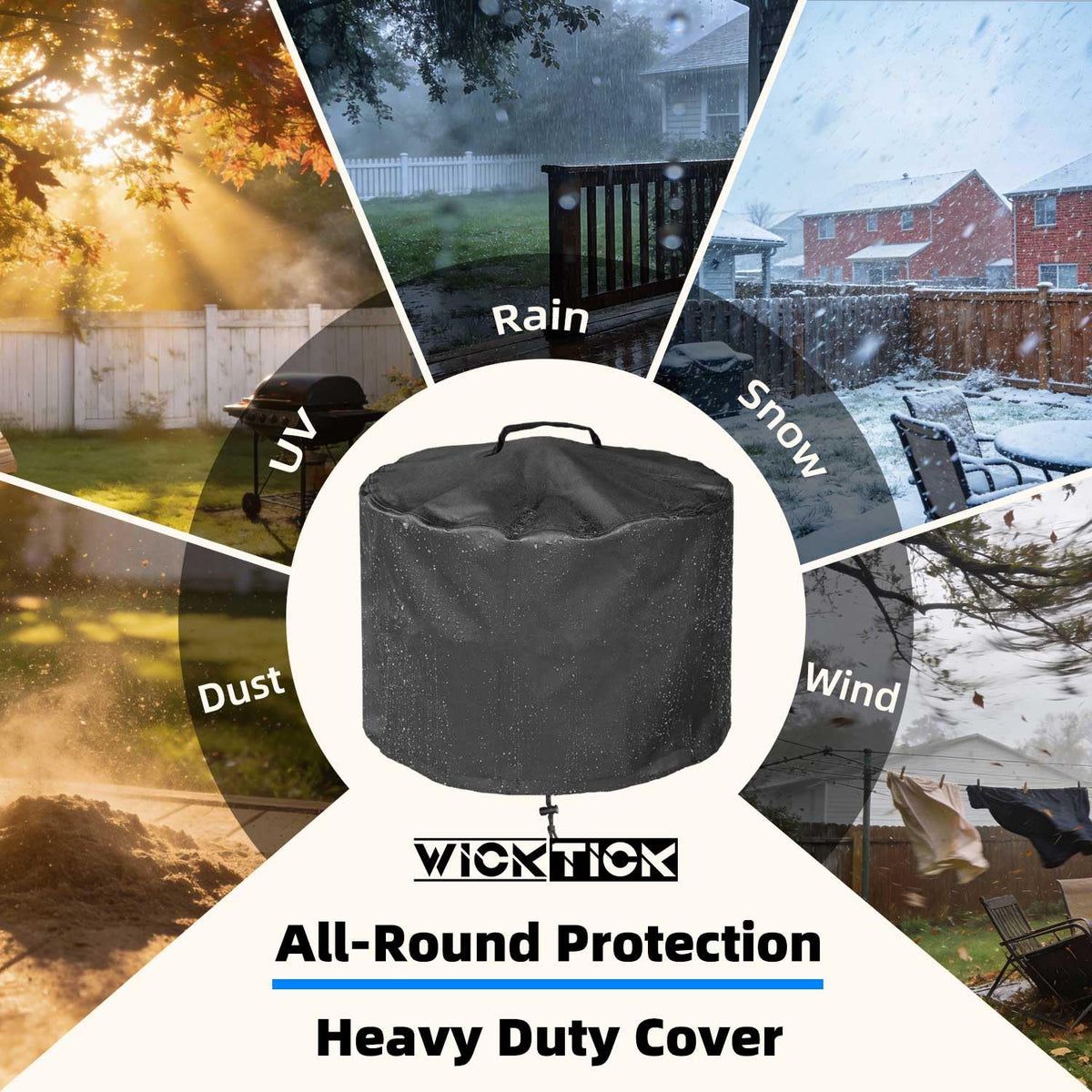 WICKTICK easy-on-off top handle for quick cover in outdoor spaces.