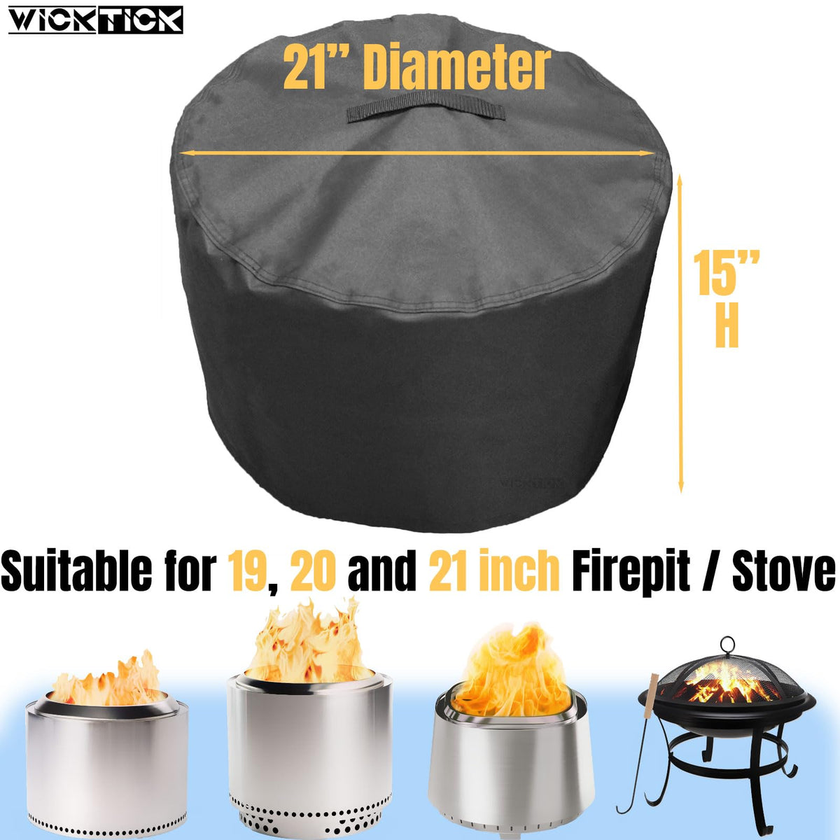 WICKTICK fire pit cover windproof drawstring secures outdoors and indoors.