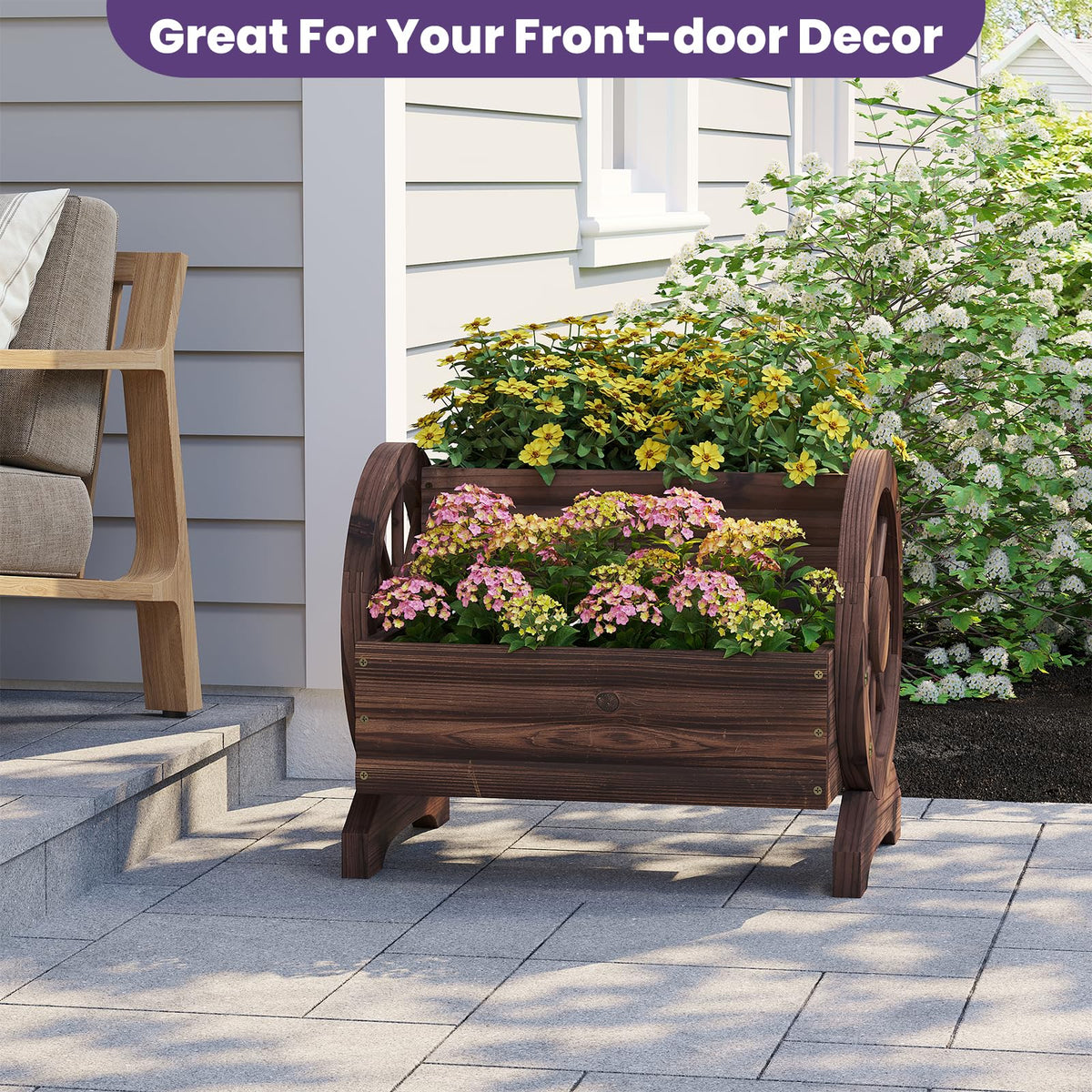 Wieghda wagon planter in bloom adding rustic charm to patio