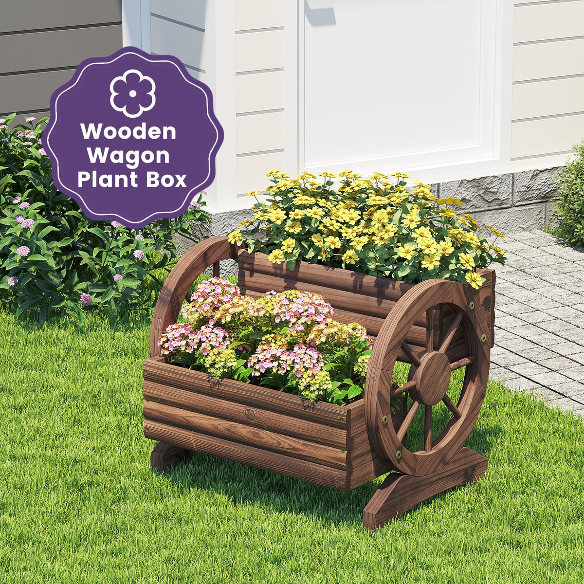 Wieghda wagon planter outdoors as decorative garden feature