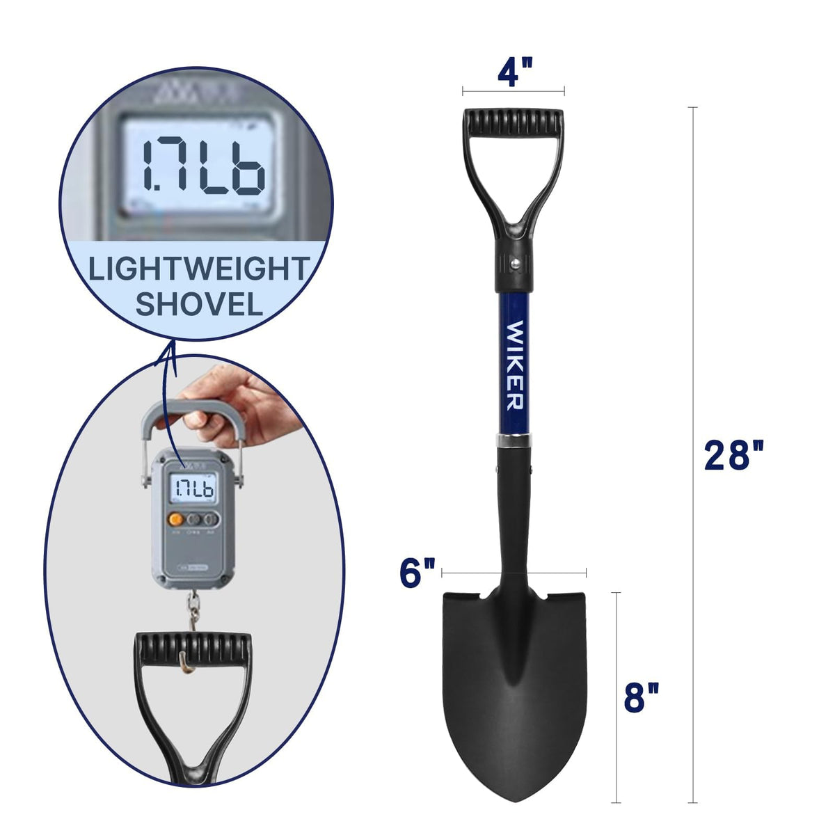 WIKER Kids Shovel blue design stands out on sand and soil.