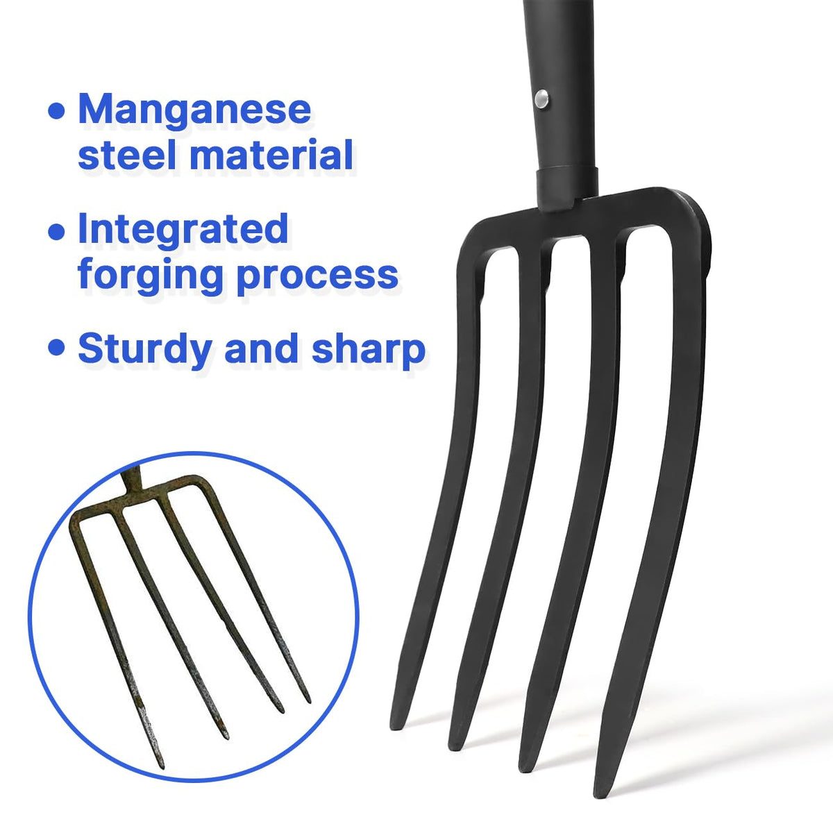 WIKER pitchfork in garden bed demonstrates effective weeding and soil turnover