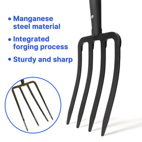 WIKER pitchfork in garden bed demonstrates effective weeding and soil turnover