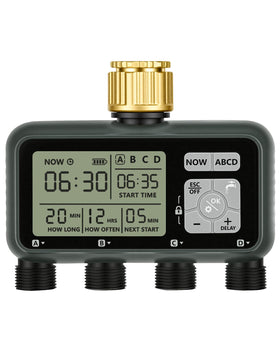 WILAWELS 4 Zone Brass Sprinkler Timer with four outlets for targeted garden irrigation.