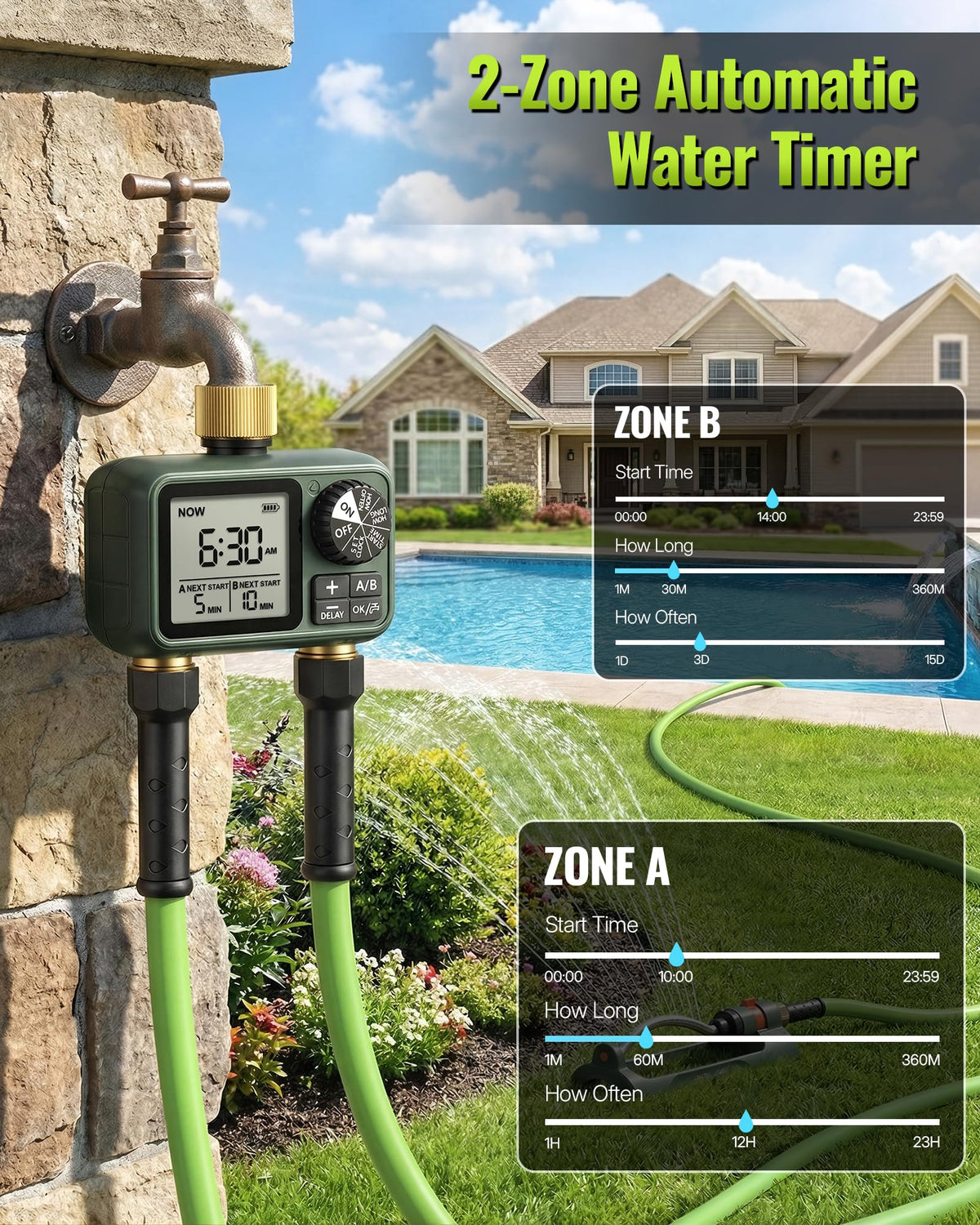 WILAWELS timer with two zones enables separate watering schedules for plants.