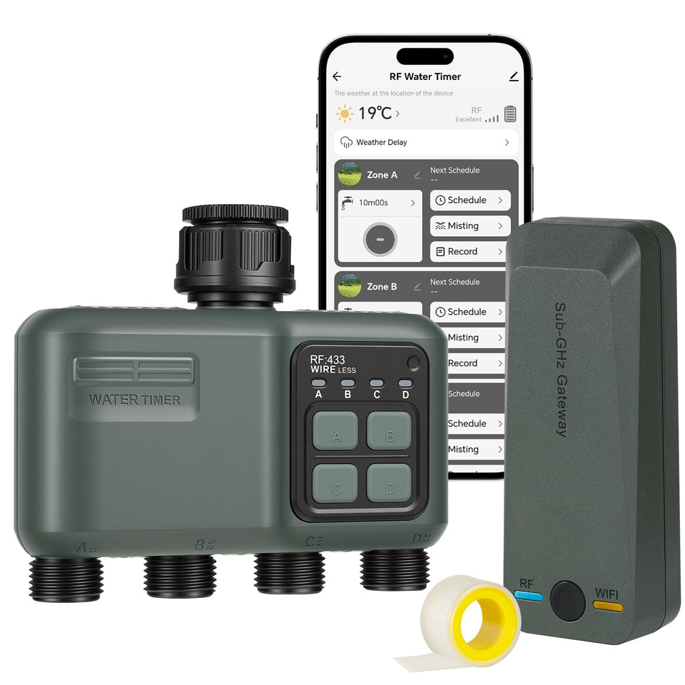WILAWELS WiFi water timer front view showcasing four independent zones for tailored irrigation.