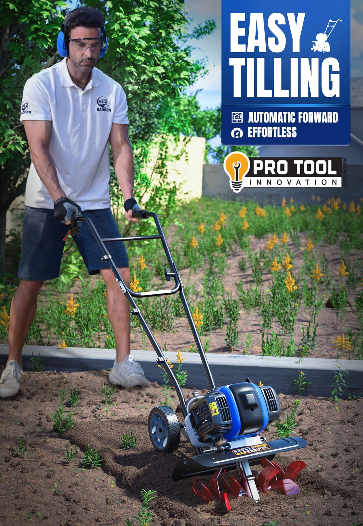 Wild Badger Power 15-inch cutting width enables efficient tilling.