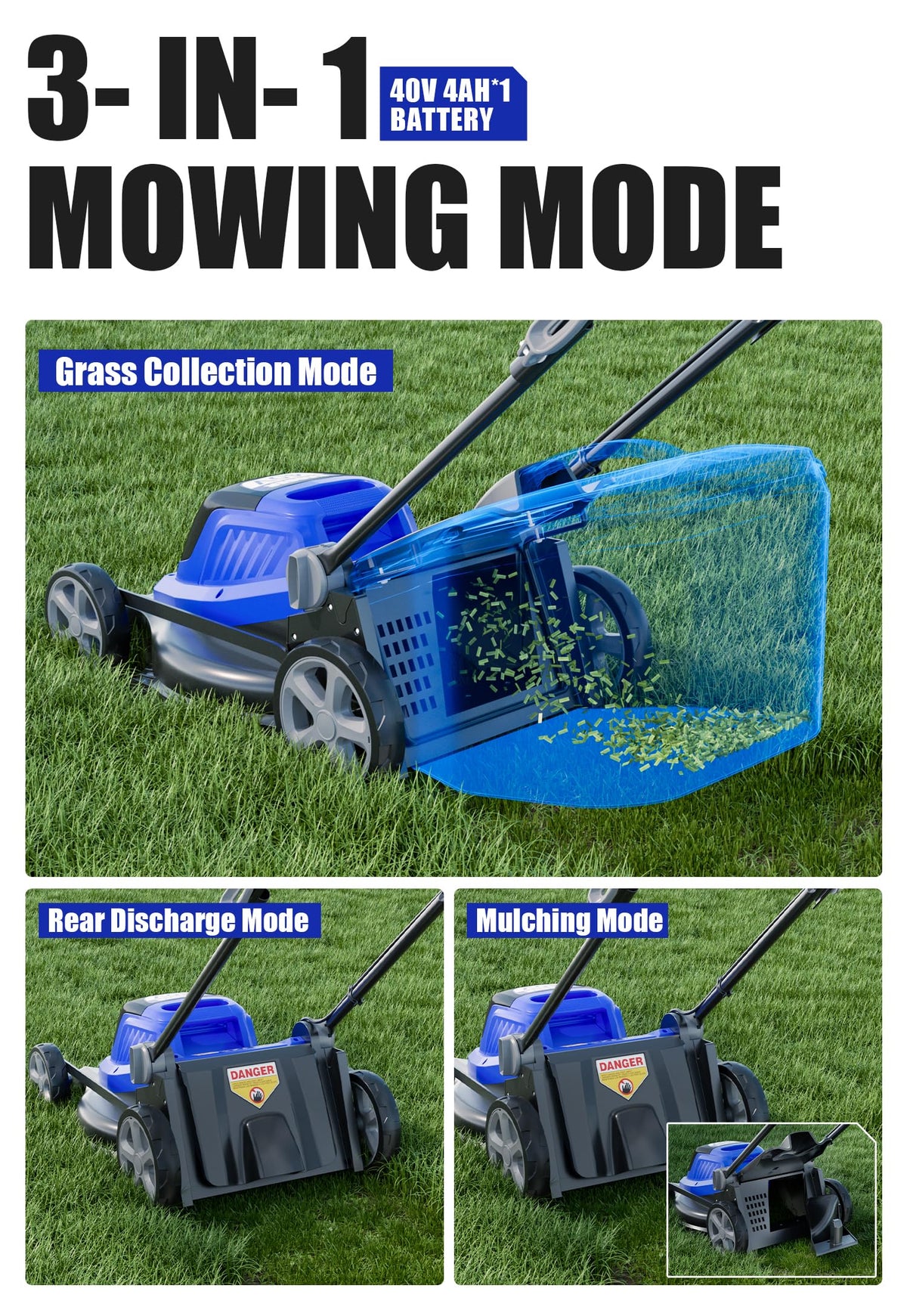 Wild Badger Power 40V 18in mower collection bag showing 11-gallon capacity