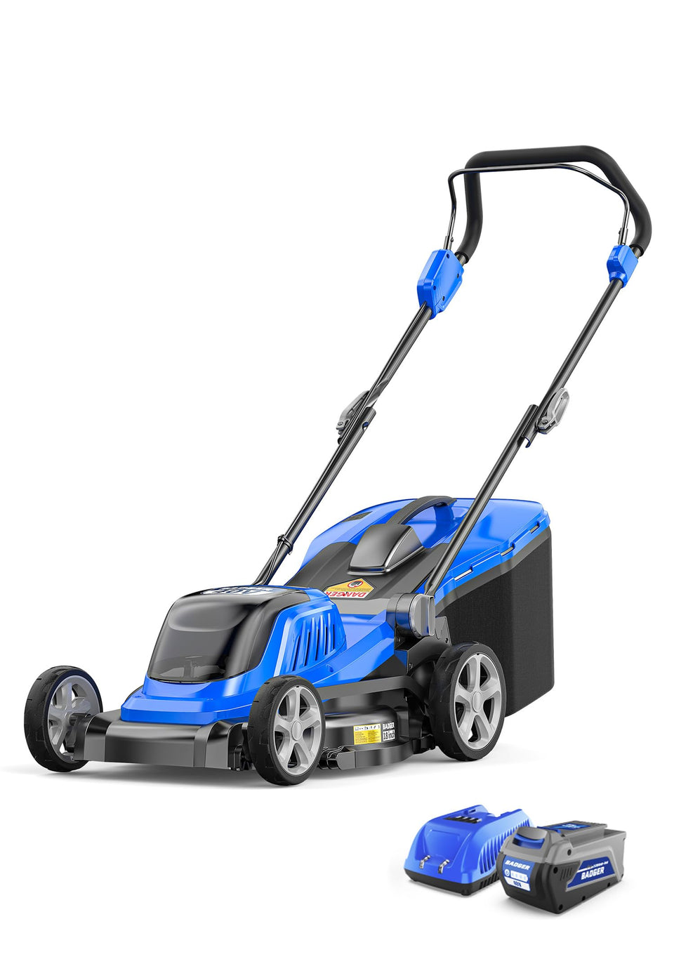 Wild Badger Power 40V 18in mower front view, compact and easy to maneuver for tight spaces