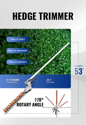 Wild Badger Power 53-inch shaft extends reach for tall hedges.