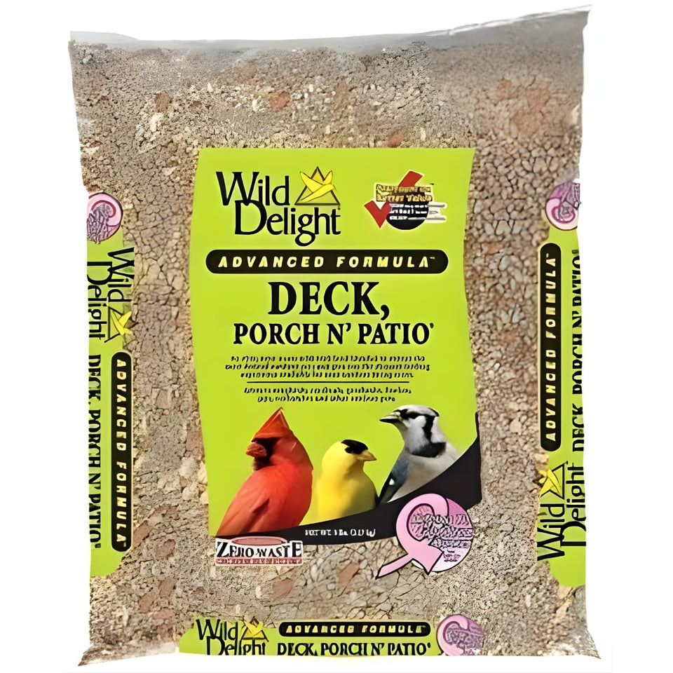 Wild Delight deck porch n' patio birdfood on a feeder attracts outdoor birds with minimal mess