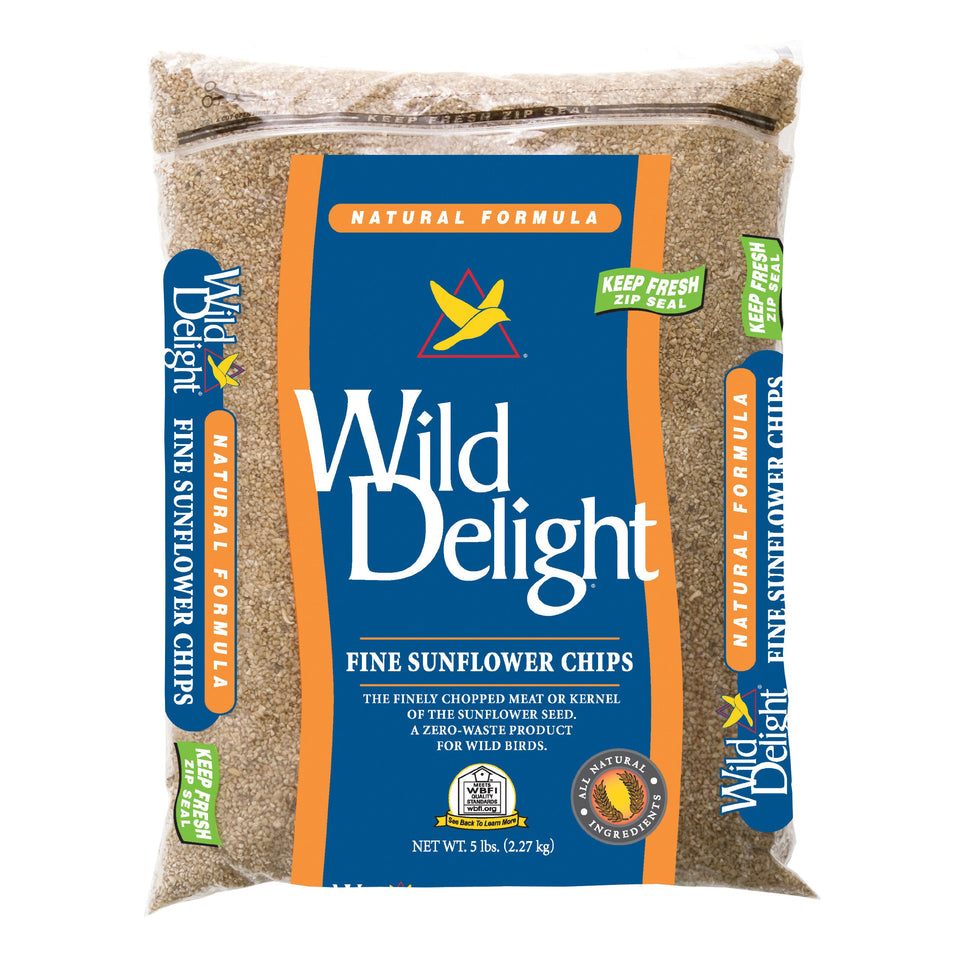 Wild Delight Fine Sunflower Chips bag, ideal feed for finches and songbirds.