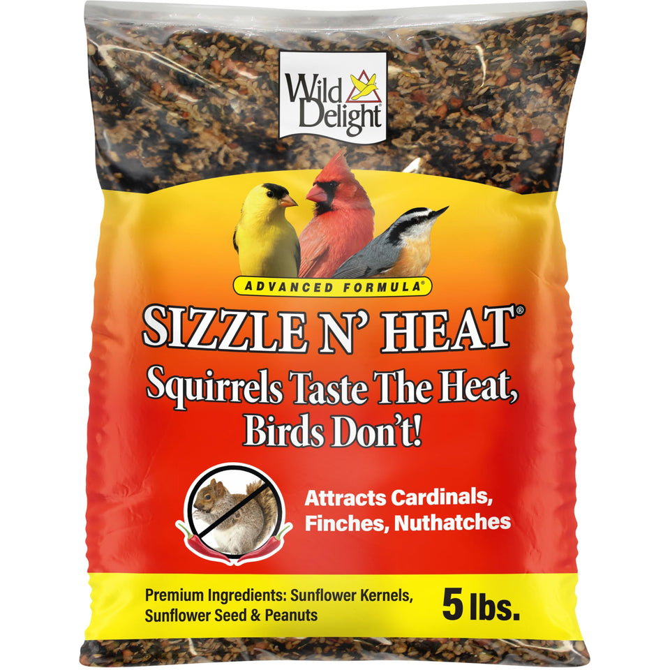 Wild Delight Sizzle N' Heat bag shows hot blend that attracts birds and deters squirrels.