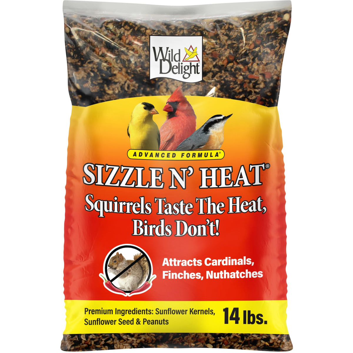 Wild Delight Sizzle N' Heat bag displays the spicy seed blend for backyard feeding
