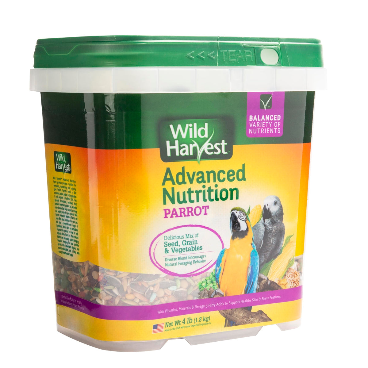 Wild Harvest Advanced Nutrition Parrot shiny feathers hint at healthy skin and coat.