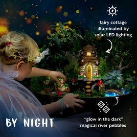 WILD PIXY fairy figurine and bridge create a whimsical garden focal point