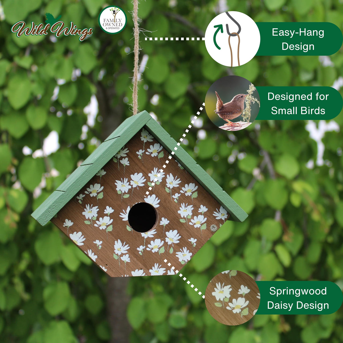 Wild Wings Springwood Daisy Wren House close-up of soft white floral accents.