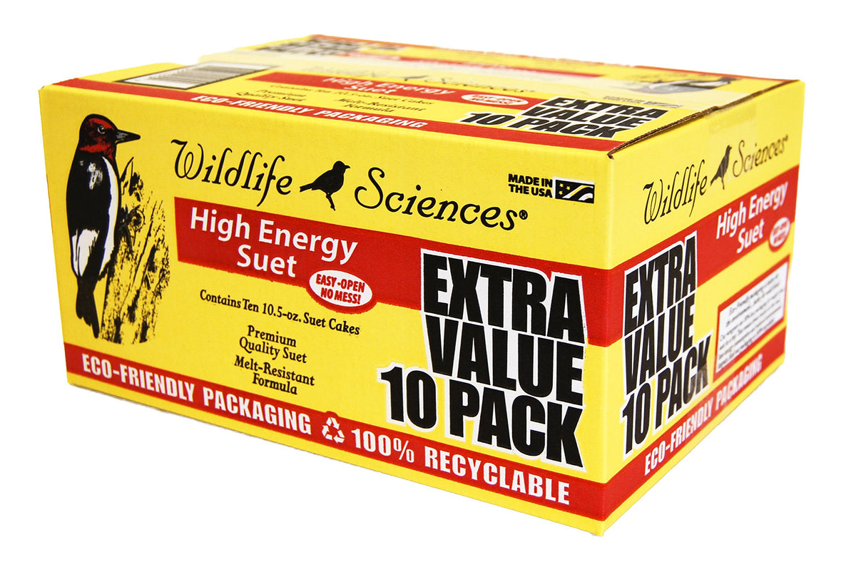 Wildlife Sciences High Energy Suet Cake 10 Pack packaging close-up, easy to open and recycle
