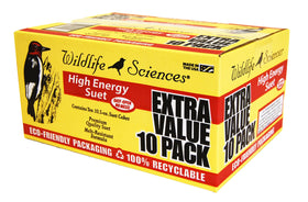 Wildlife Sciences High Energy Suet Cake 10 Pack packaging close-up, easy to open and recycle