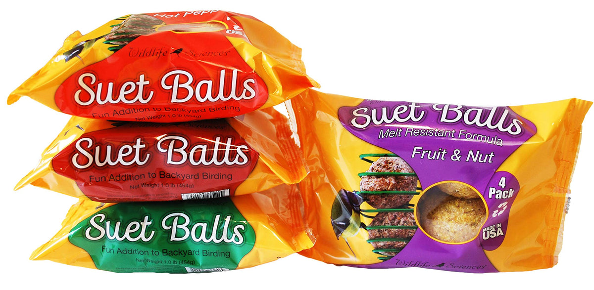 Wildlife Sciences melt-resistant suet balls 16-pack displayed for year-round bird feeding in outdoor settings