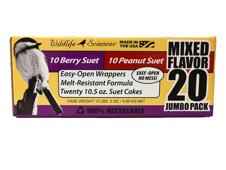 Wildlife Sciences suet cake jumbo 20 pack front view showing two flavors