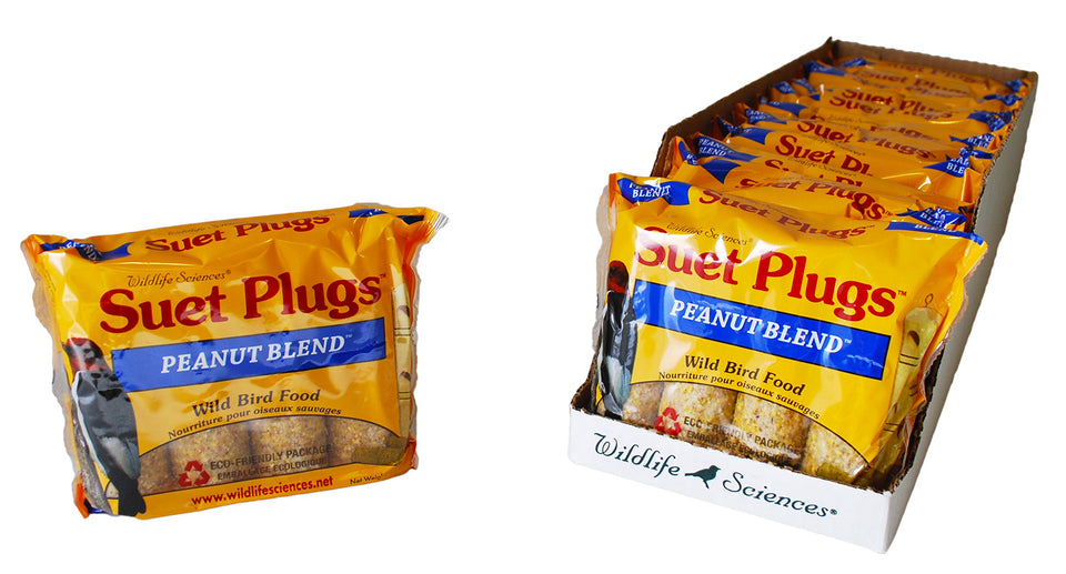 Wildlife Sciences suet plugs in a 48-pack display for backyard birds