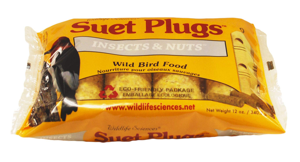 Wildlife Sciences suet plugs four-pack wrapped bundles displayed for convenient backyard feeding.
