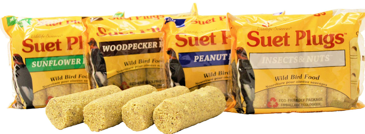 Wildlife Sciences suet plugs variety 16-pack packaging for convenient storage and feeding setup.