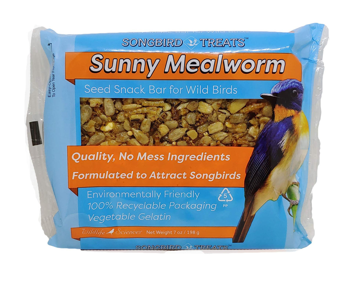 Wildlife Sciences Sunny Mealworm flavor seed bars displayed in a feeder.