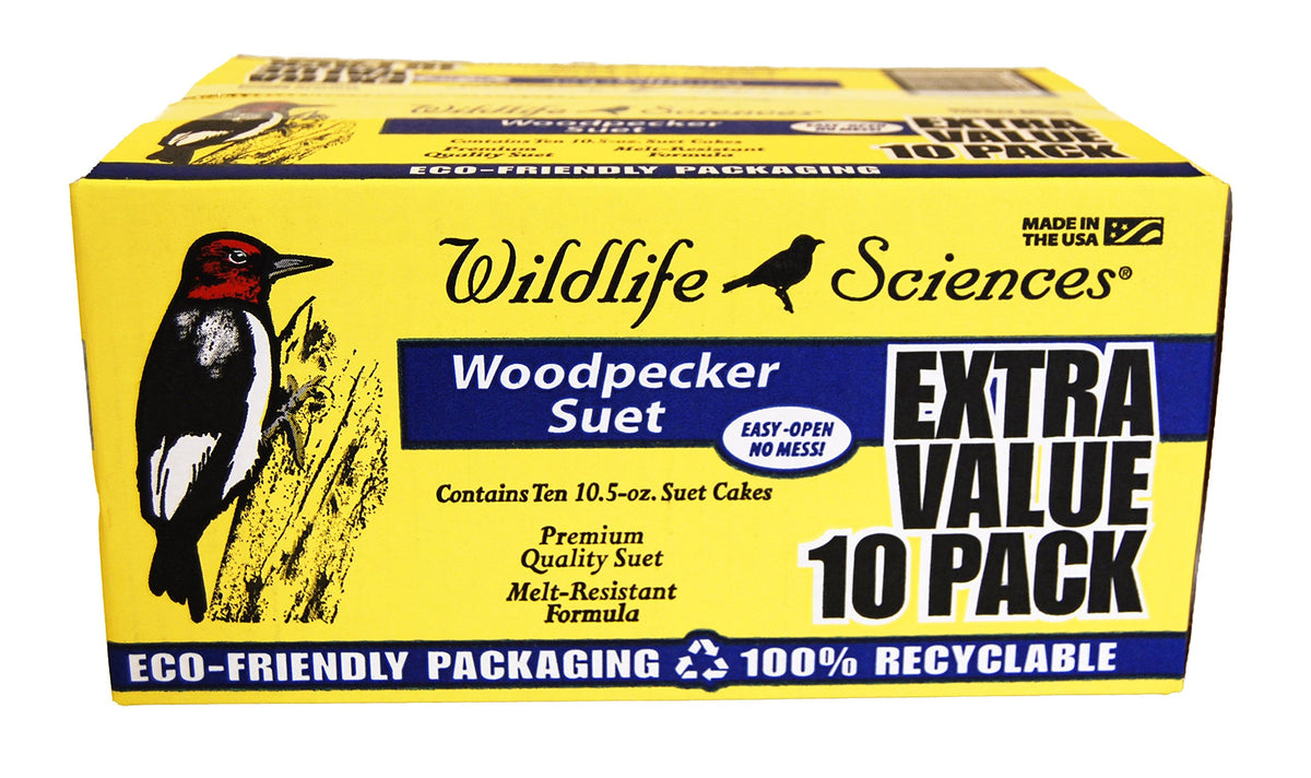 Wildlife Sciences Woodpecker Suet Cake 10-pack front view attracts woodpeckers and other birds.