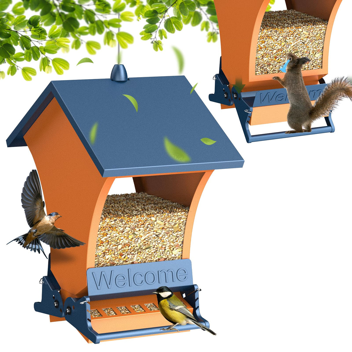Wildpark squirrel-proof feeder with orange roof for cardinals and chickadees.
