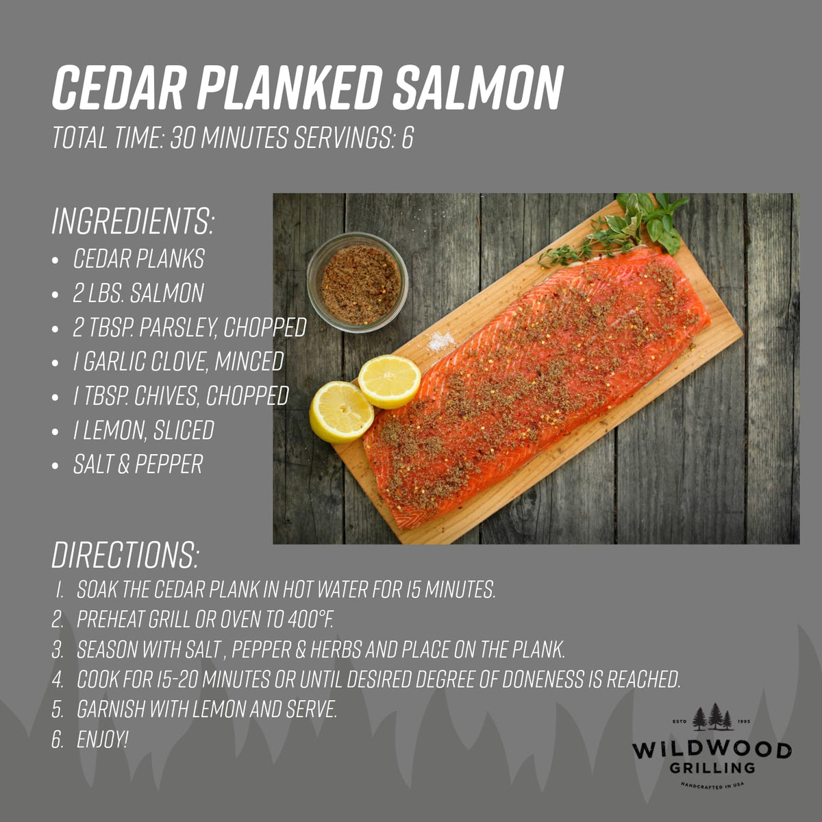 Wildwood Grilling salmon filet on cedar plank showcasing full filet fit.