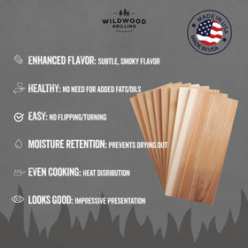 Wildwood Grilling packaging image emphasizing USA-sourced cedar and authenticity.