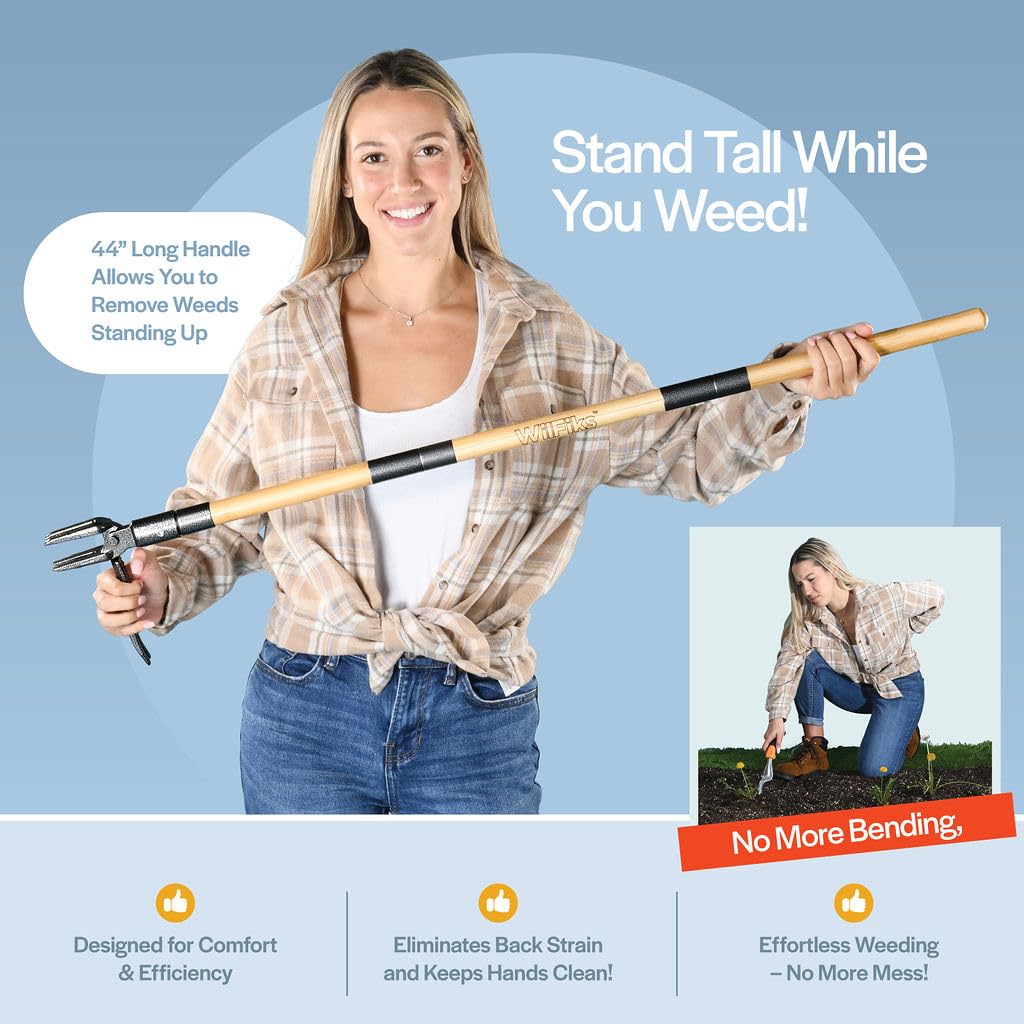 Four-claw steel head grips weed at center for clean extraction
