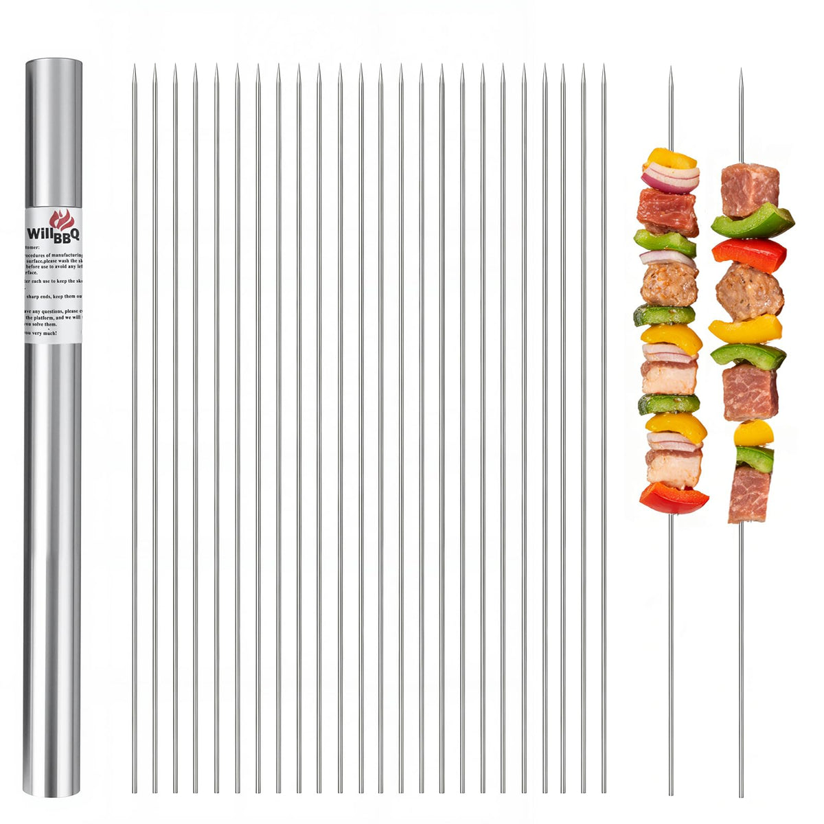 WillBBQ 13-inch round stainless steel skewers for grill-ready kebabs and vegetables.