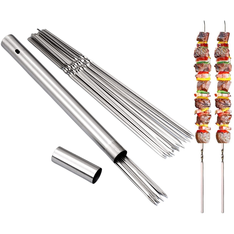 WILLBBQ 304 stainless flat skewers for even cooking and no spinning.