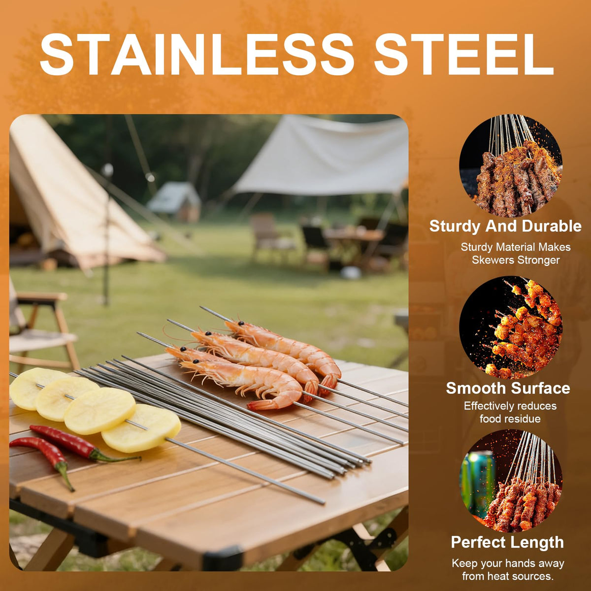 WillBBQ metal storage tube keeps 100 skewers organized for transport and storage.