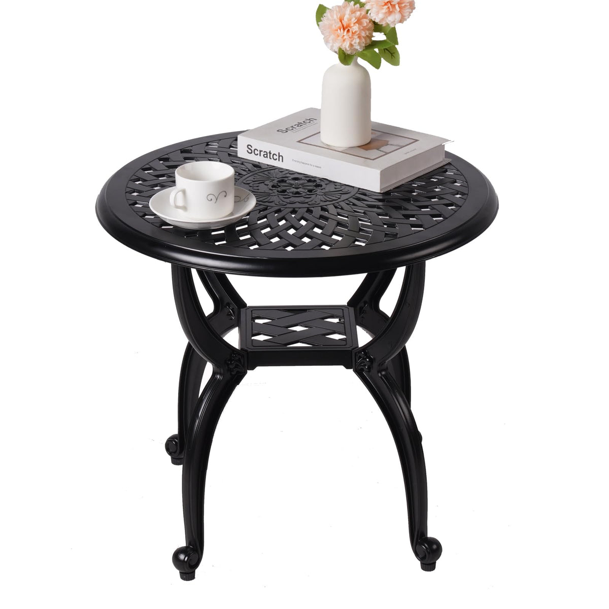WILOUNGE cast aluminum outdoor side table, round black, durable and rust-resistant for patios.