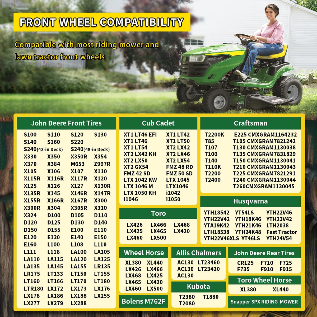 Wiltire compatible with zero-turn and riding mowers.