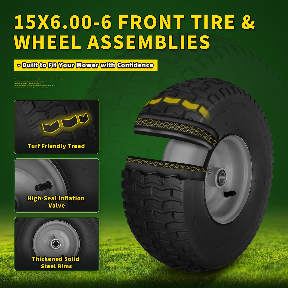 Wiltire front tread offers turf-friendly traction on grass.