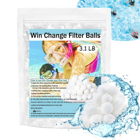 Win Change filter balls close-up showing 50-60 mm size for clearer pool water