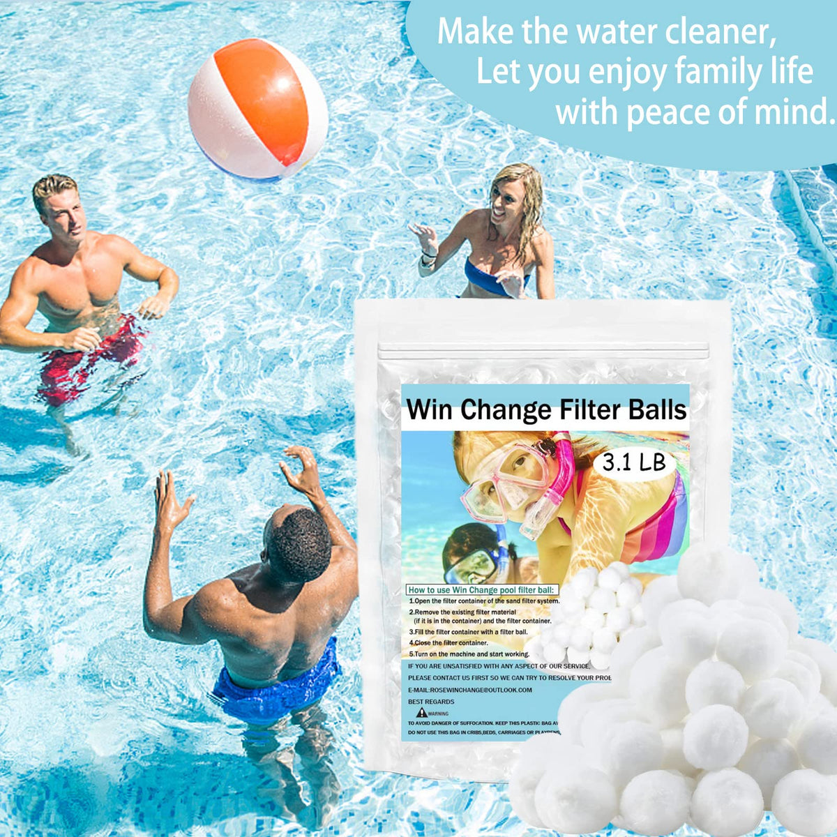 Win Change filter balls are reusable with easy machine or hand cleaning